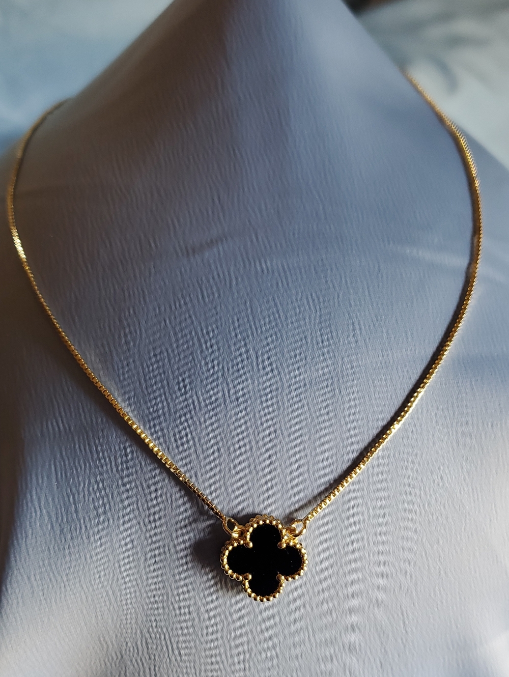 Gold Clover Pendant Necklace with Black Inlay